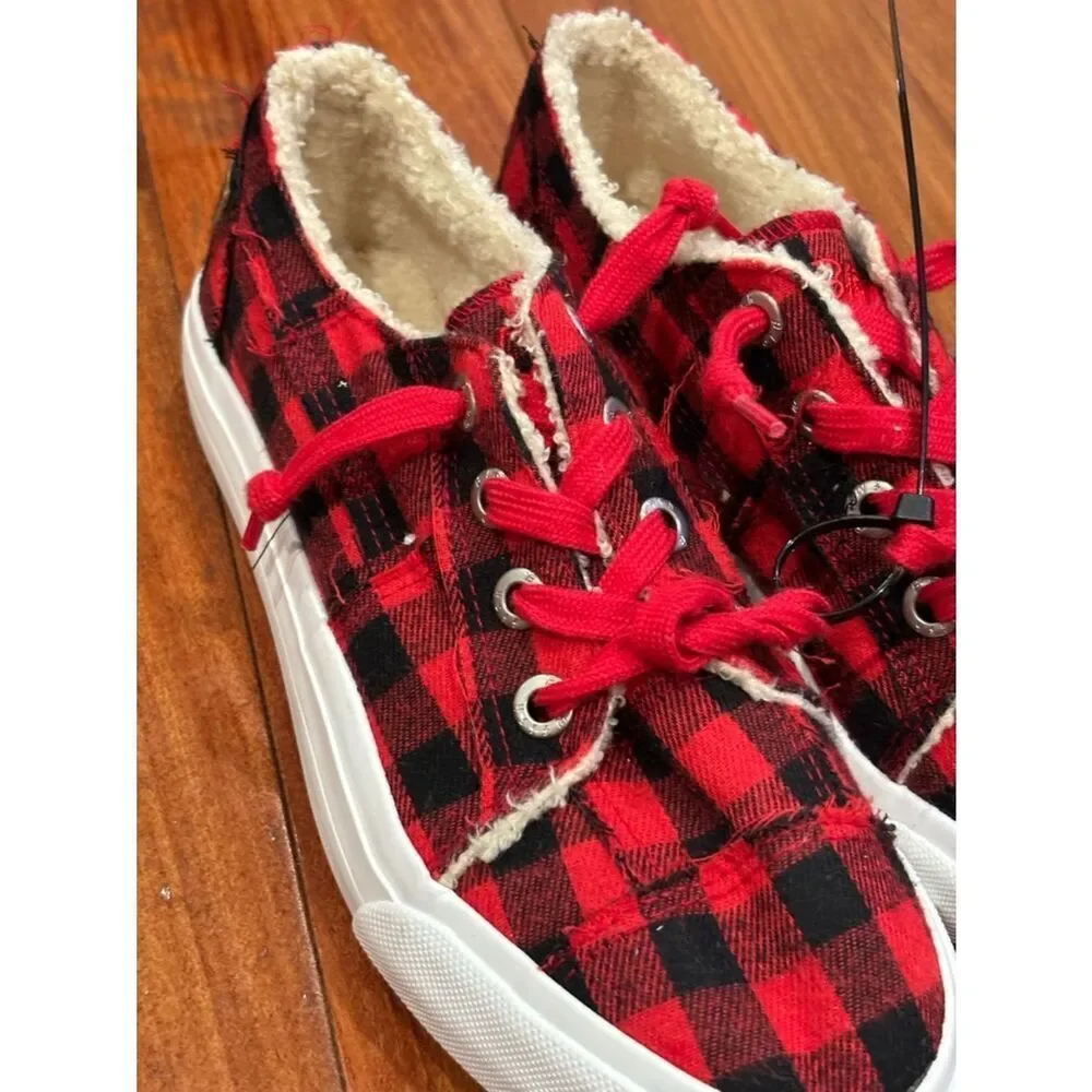 Blowfish Malibu Red Black Buffalo Plaid Lace-Up Sneakers size 8.5 Women’s